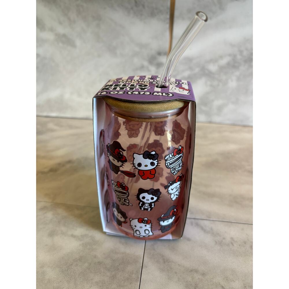 Hello Kitty Halloween Glass Tumbler w/Bamboo Lid & Glass Straw, 16 Ounces New